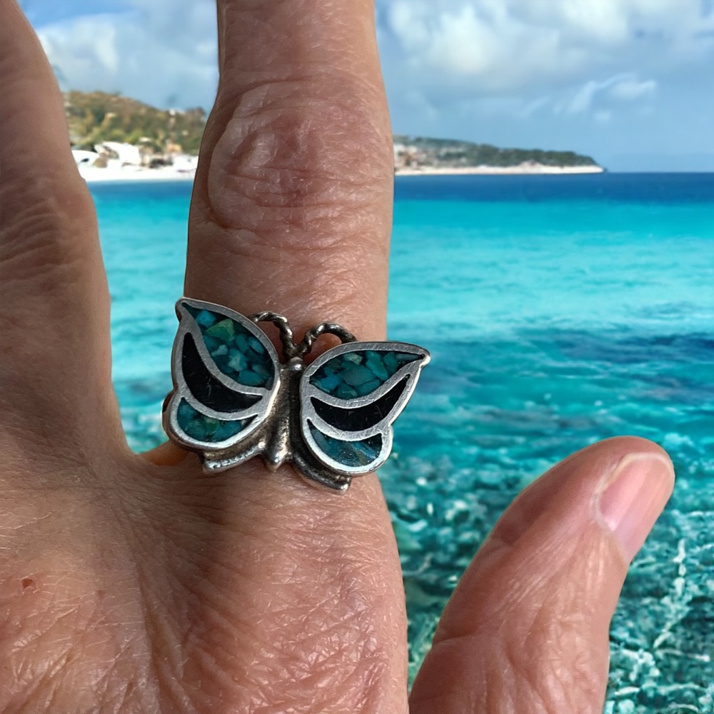 Vintage Navajo Butterfly Ring Size 5.25 Silver Onyx Turquoise Chip Mosaic Inlay